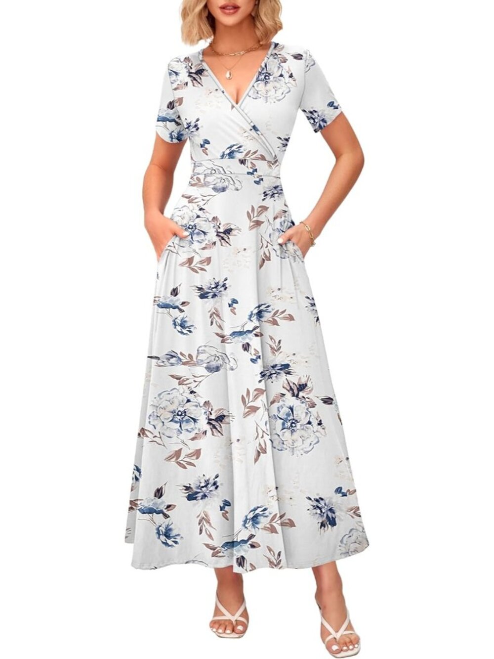 Women's Floral White Summer Maxi Dress Wrap V Neck Elegant Dress Short Sleeve